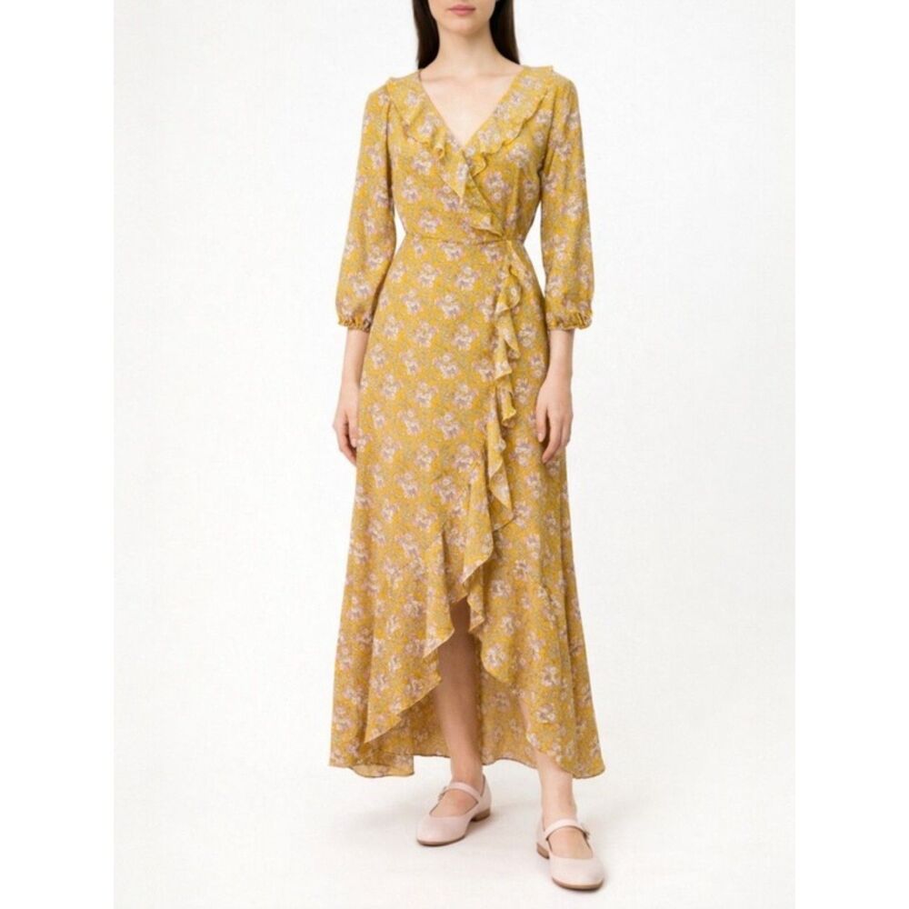 JessaKae Floral Cascading Ruffled Faux Wrap Maxi Dress Mustard Blush Size Small